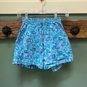 Lusana Kids Floral‎ Print Elastic Waist Shorts Turquoise Purple Size S USA 4